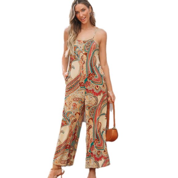 ❤️ Red Paisley Spaghetti Strap Wide-Leg Jumpsuit – Sizes S To XL - Picture 4 of 5